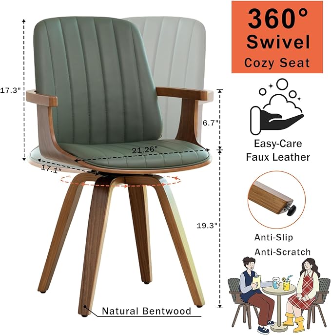 WUPOTO MCM Dining Chairs, Set of 4 Mid Century Modern Chairs with Walnut Craftsmanship, Upholstered Faux Leather, Wooden Arms and Legs, Faux Leather Dining Chairs for Kitchen/Living Room - Green
