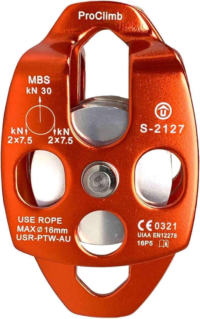 ProClimb 30kN Large Aluminum Rope Pulley - Single/Double Sheave, CE/UIAA Certified
