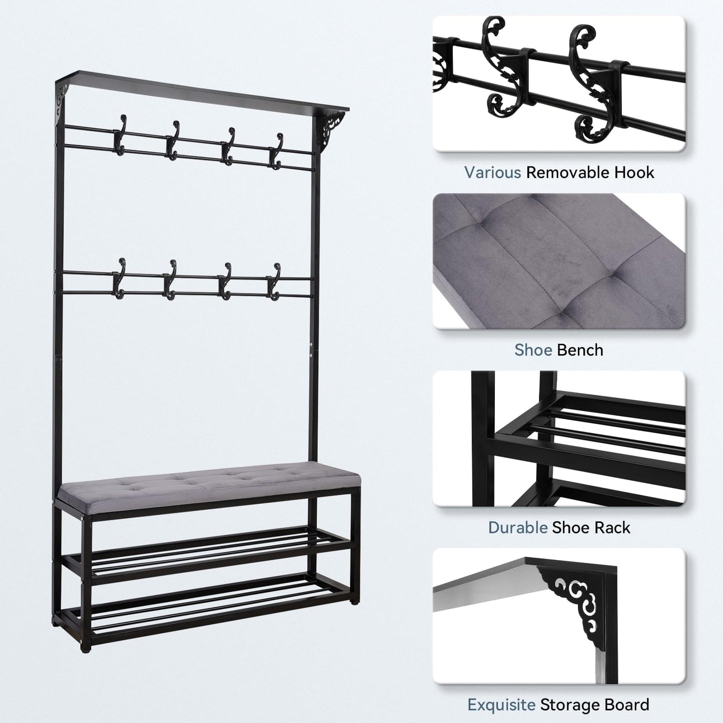 GuiMemi 4-in-1 Entryway Hall Tree with Bench & Shoe Storage, 39.3" Multifunctional Coat Rack Organizer for Mudroom, Entryway Furniture with Adjustable Cushion, 400 lb Weight Capacity.