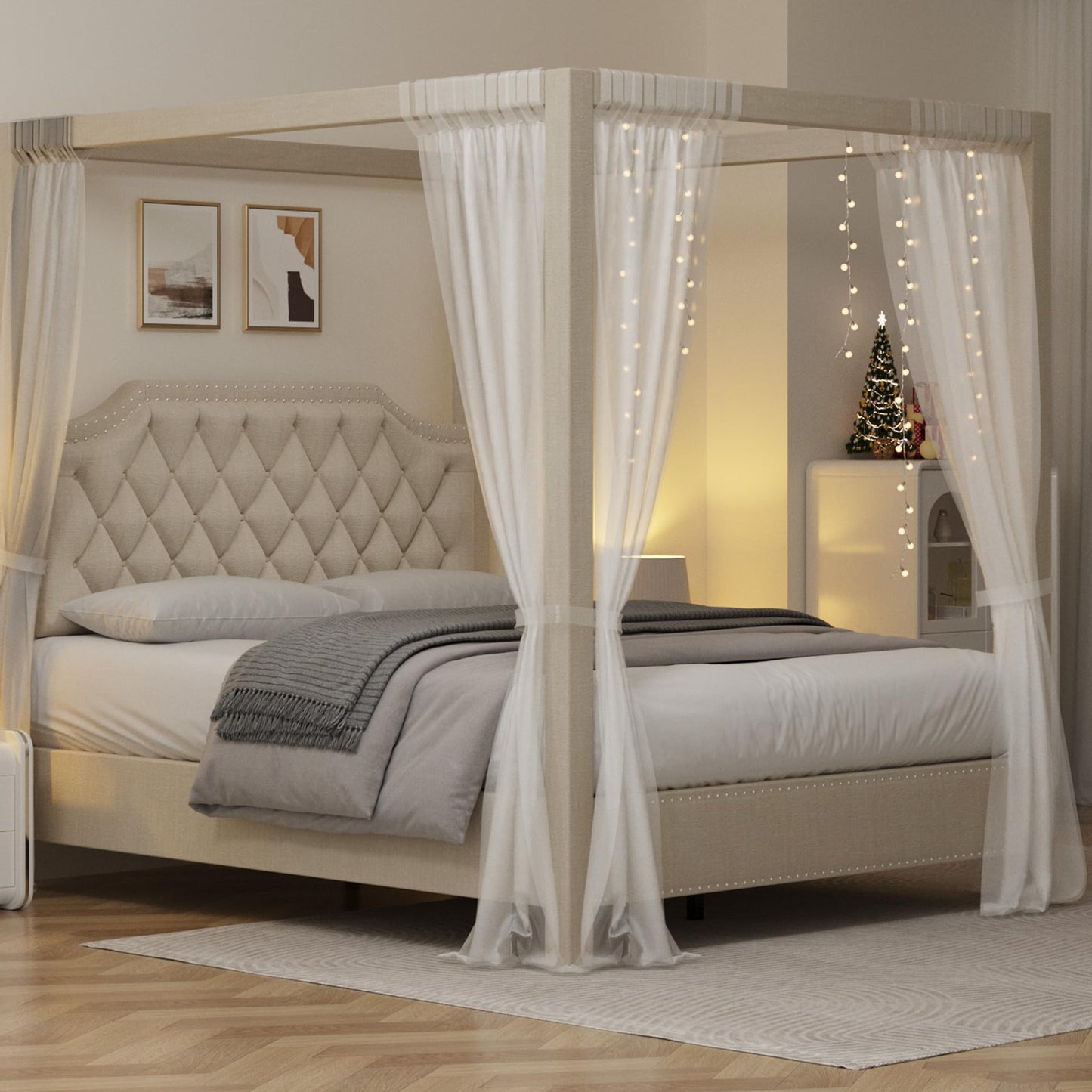 IDEALHOUSE Full Size Canopy Bed Frame with Nailhead Decoration Headboard，Upholstered Bed Frame with Poles 4 Corner Bed Bracket,Solid Wood Slats Support,No Box Spring Needed,Noise Free,Beige