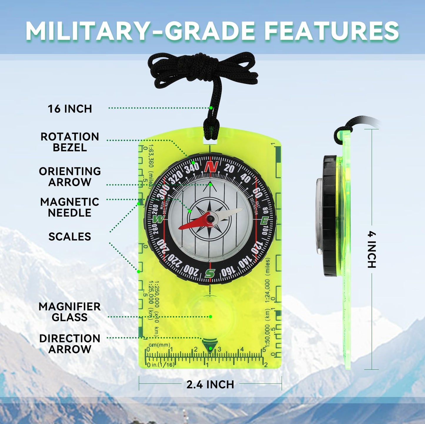 Orienteering Compass For Kids & Beginners - Lightweight Magnetic Navigation Compass With Map Scale, Easy-To-Read Dial For Campin
