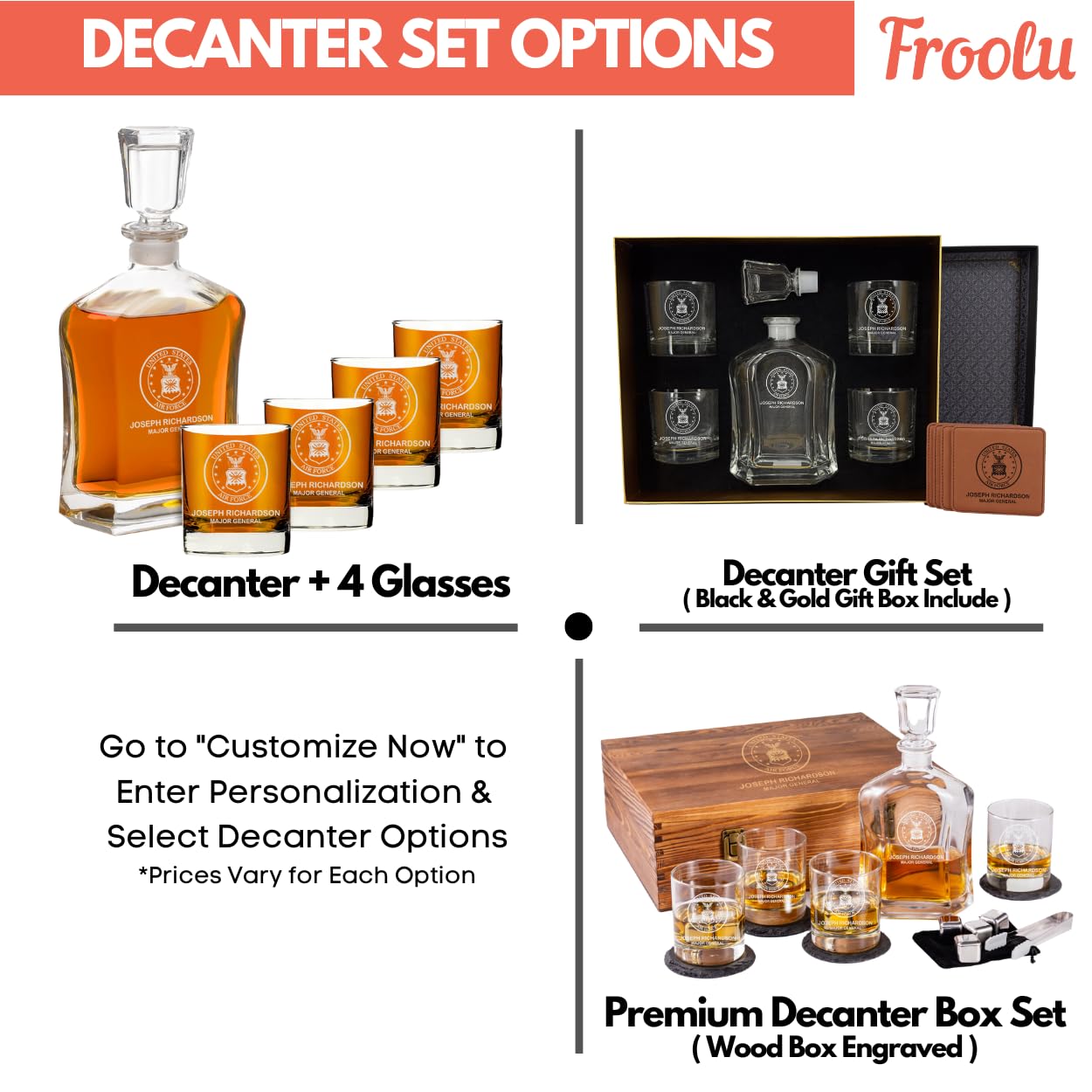 Personalized Whiskey Decanter Sets - For Military, Army, Navy, Air Force, Coast Guard, Marine - Active, Retired - Gift for Husband, Dad, Son - Custom Engraved Name, Rank, Date