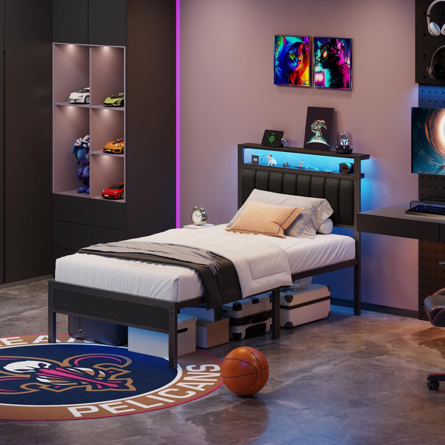 Furnulem Twin Size Bed Frame with Charging Station and LED Lights, Platform Bed with Metal Slats, Grey Upholstered Headboard with 2-Tier Storage Shelves, No Box Spring Needed