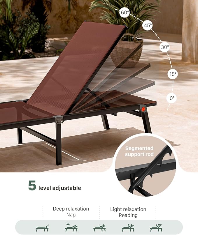 Aluminum Chaise Foldable Patio Lounge Chair Outdoor, Metal Deck Lounger Adjustable 5-Position Recliner Pool Chase Breathable Full Flat Outside Sun Tanning Chairs for Beach/Poolside/Lawn(Brown, 1 Pack)