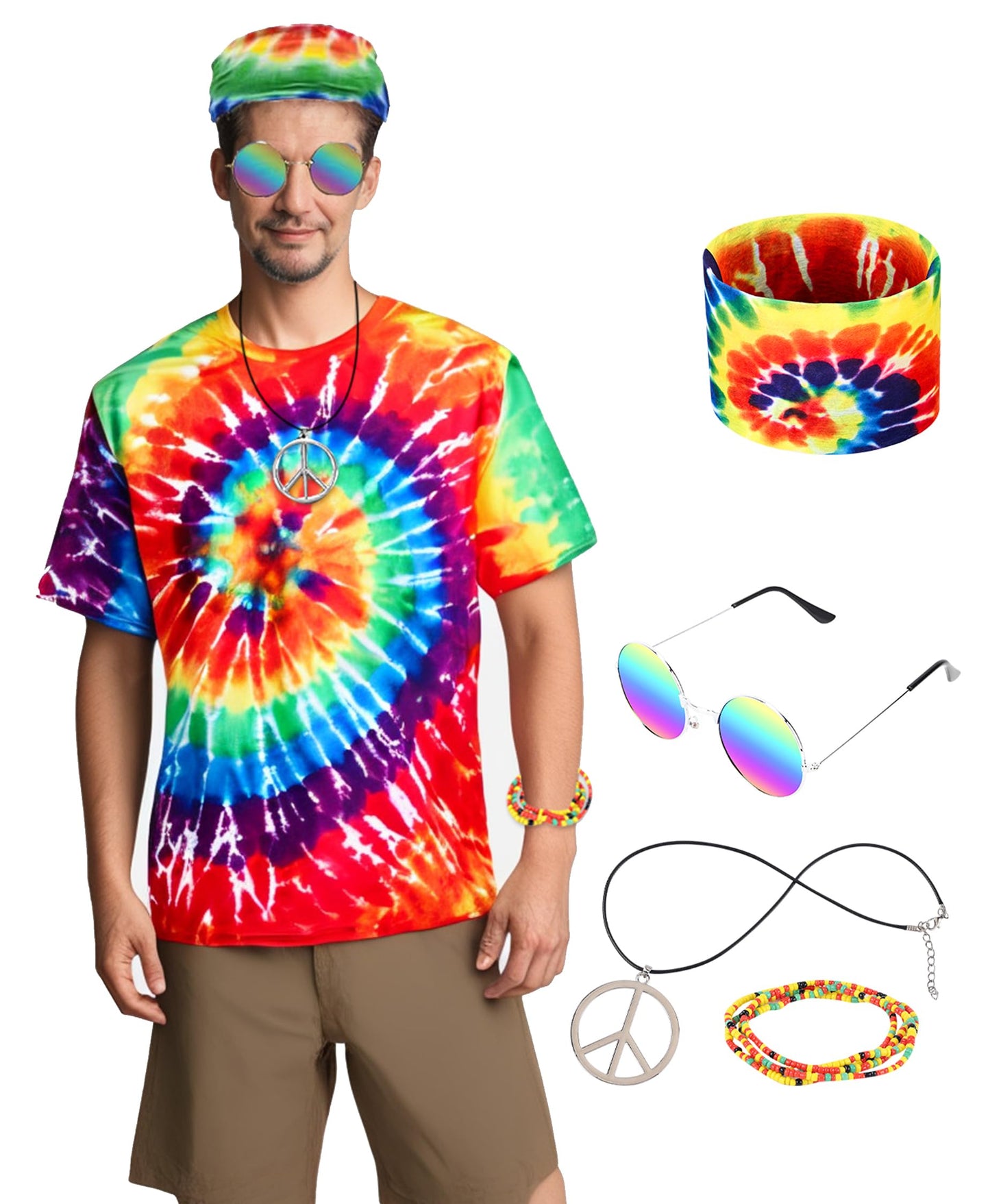 Men's Hippie Costume 60s 70s Style Colorful T-Shirt with 5-Piece Accessory Set for 70s Outfits Theme Party (XL)