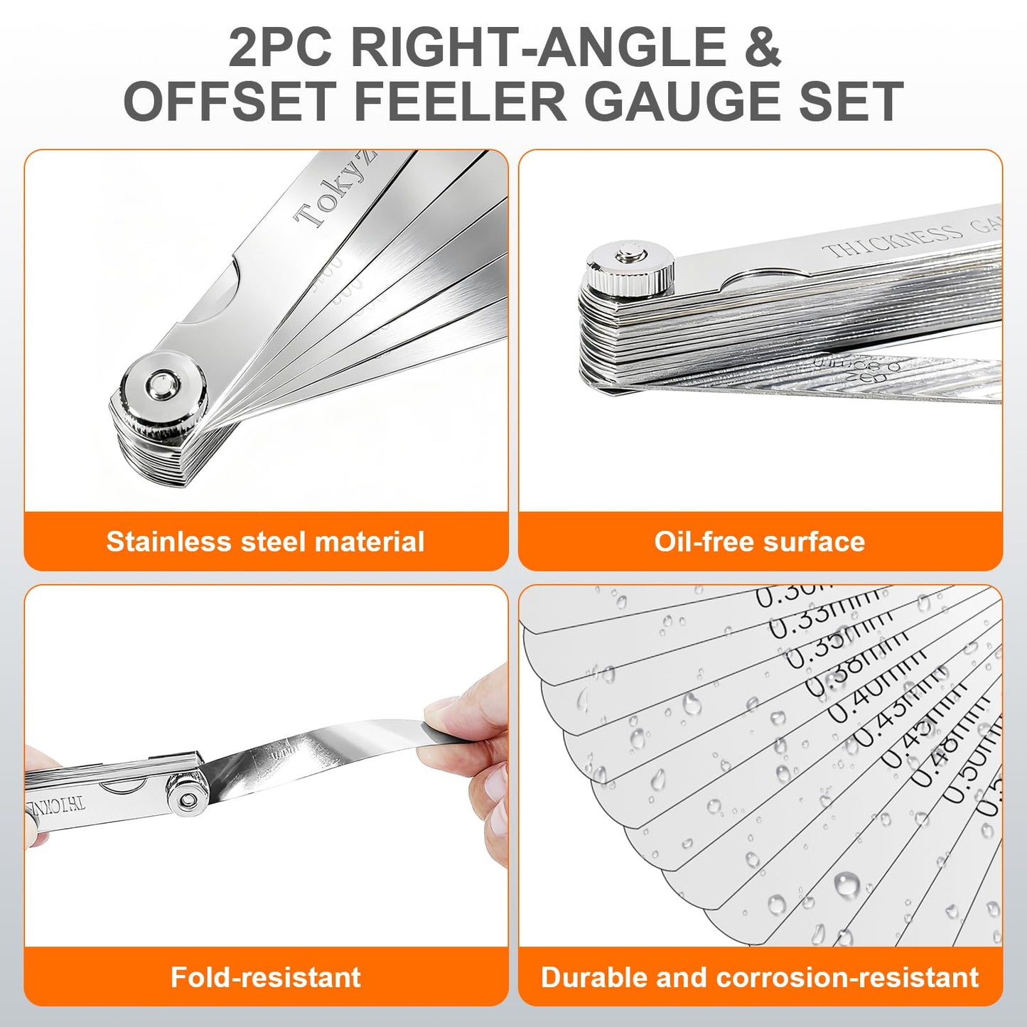 Tokyzexi 2Pcs Stainless Steel Feeler Gauge Set,32 Straight Blades Feeler Gauge&16 Pieces Angled Feeler Gauge Set, Measure Gap and Thickness for Guitar, Spark Plug, Valves Piston Measure Filler Gauge