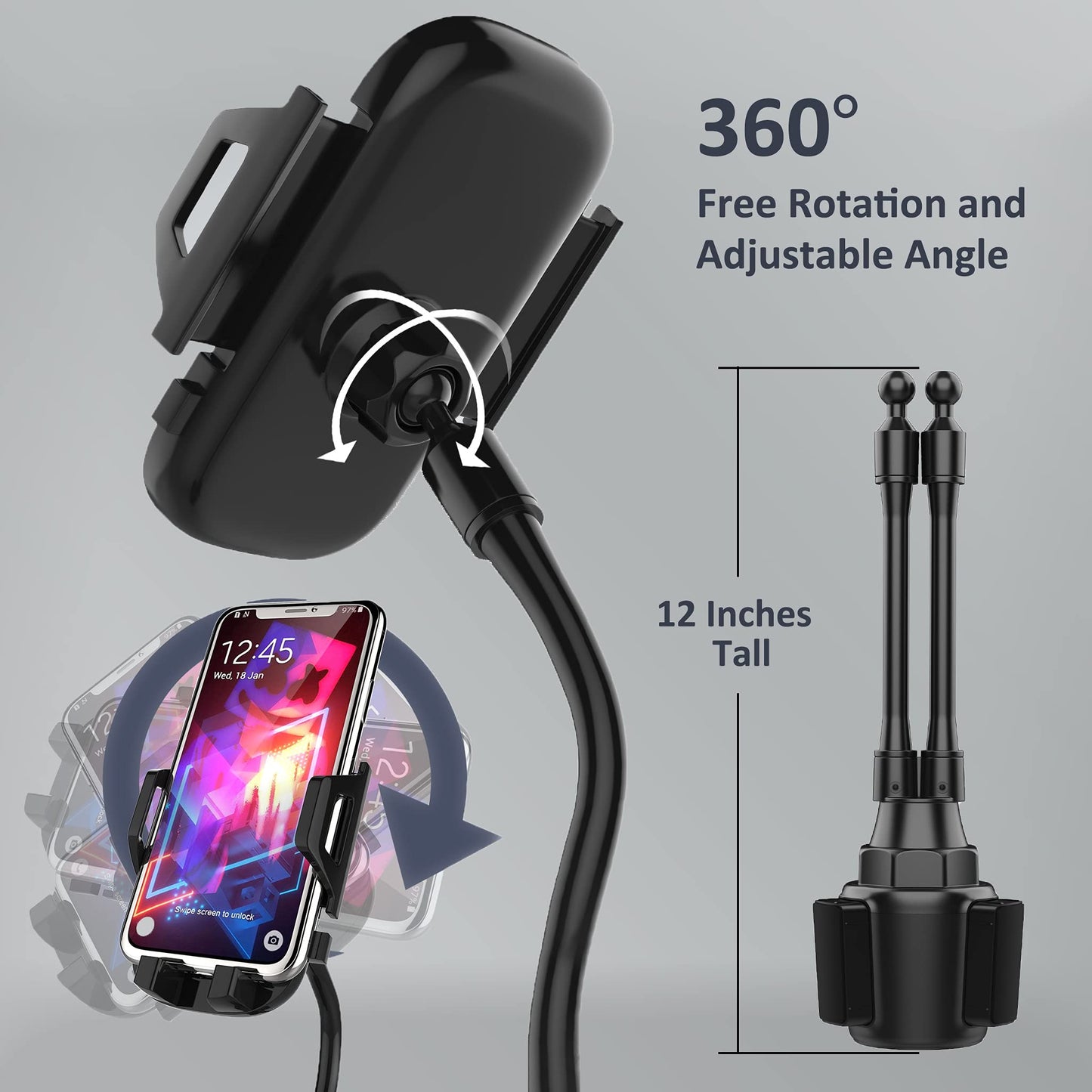 Caviana Dual Phone Holder For Car Cup Holder - Long Flexible Neck, 360 Rotatable Car Phone Mount - Adjustable Cell Cup Holder, U