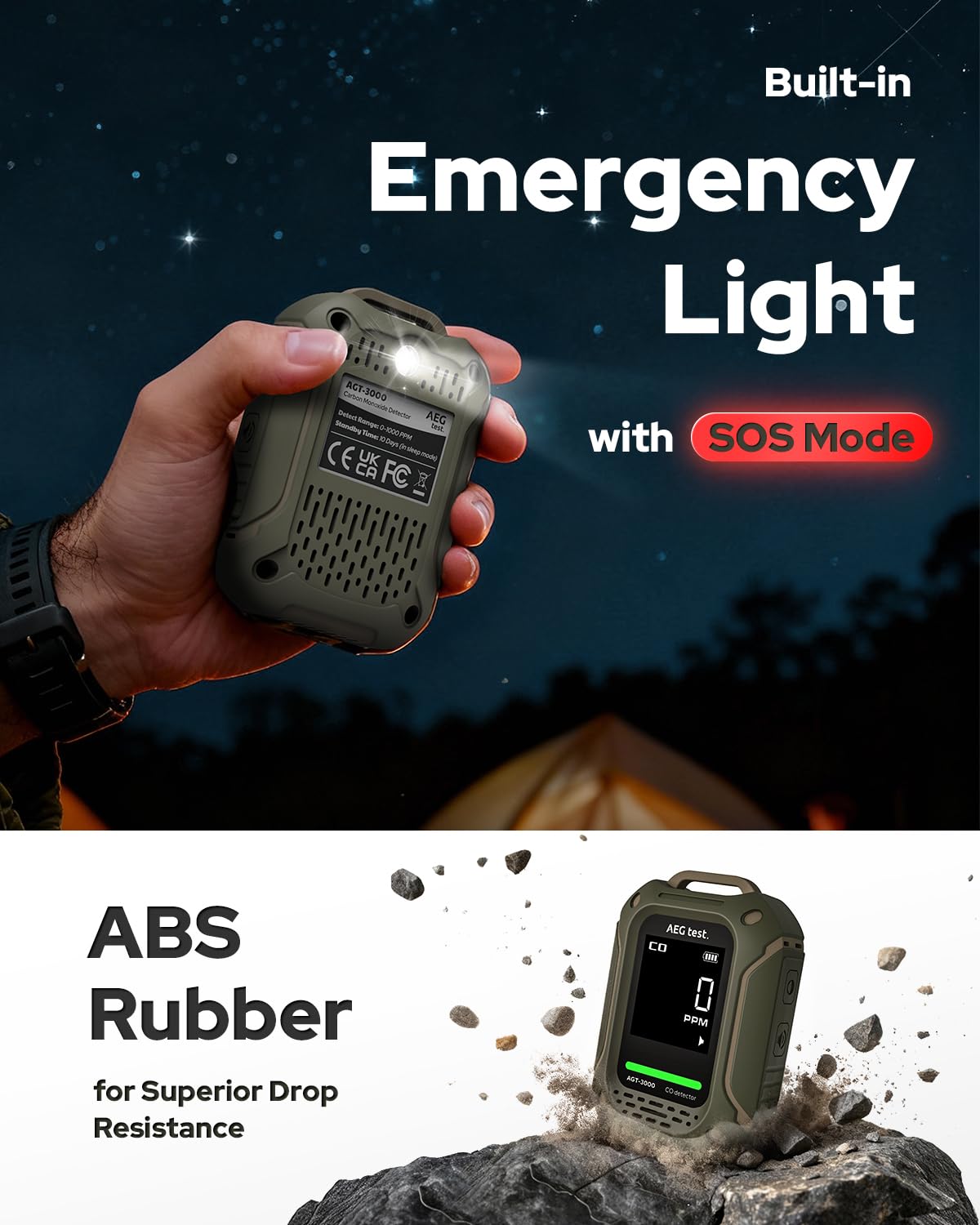 AEGTEST AGT-3000 Portable Carbon Monoxide Detector, 240H Standby, Upgraded CO Sensor for Travel, Rechargeable CO Detector with Audible & Visual Alerts, CO Meter for Camping, 0-1000ppm
