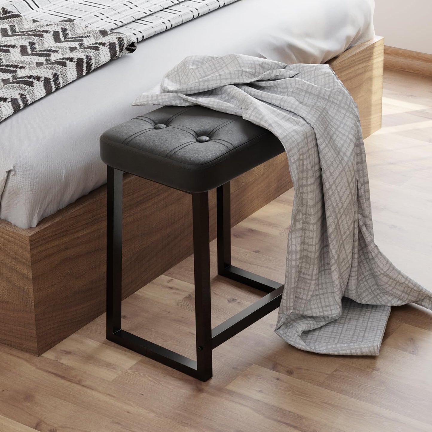 iTsst Vanity Stool Chair, Makeup Stool for Vanity,Small Ottoman Footrest for Living Room, Bathroom, Bedroom, Entryway, Offices，Leather &Metal Legs with Anti-Slip Feet, Black