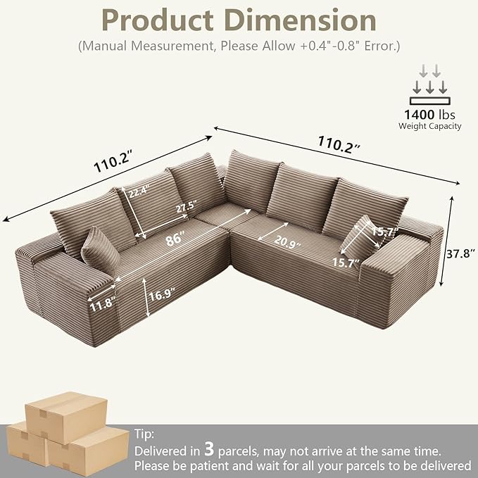 Sectional Cloud Couch for Living Room, Modular Floor Deep-Seat Sofa, Big Comfy Corduroy Couches Set with Fluffy Memory Foam, Stupendous L Shaped Sofas with Chaise, No Assembly Required, Camel