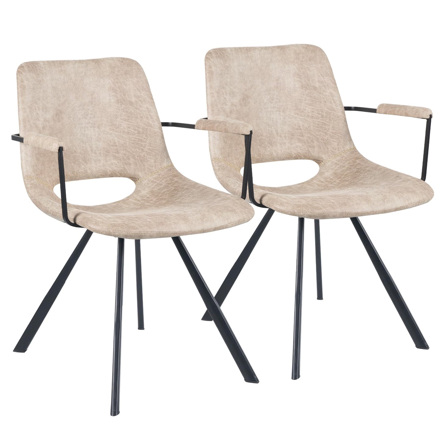 Aivermeil Beige Leather Dining Chairs Set of 2, Mid-Century Modern Dining Room Chair with Soft Cushions, Kitchen Chairs with Metal Legs for Kitchen, Living Room