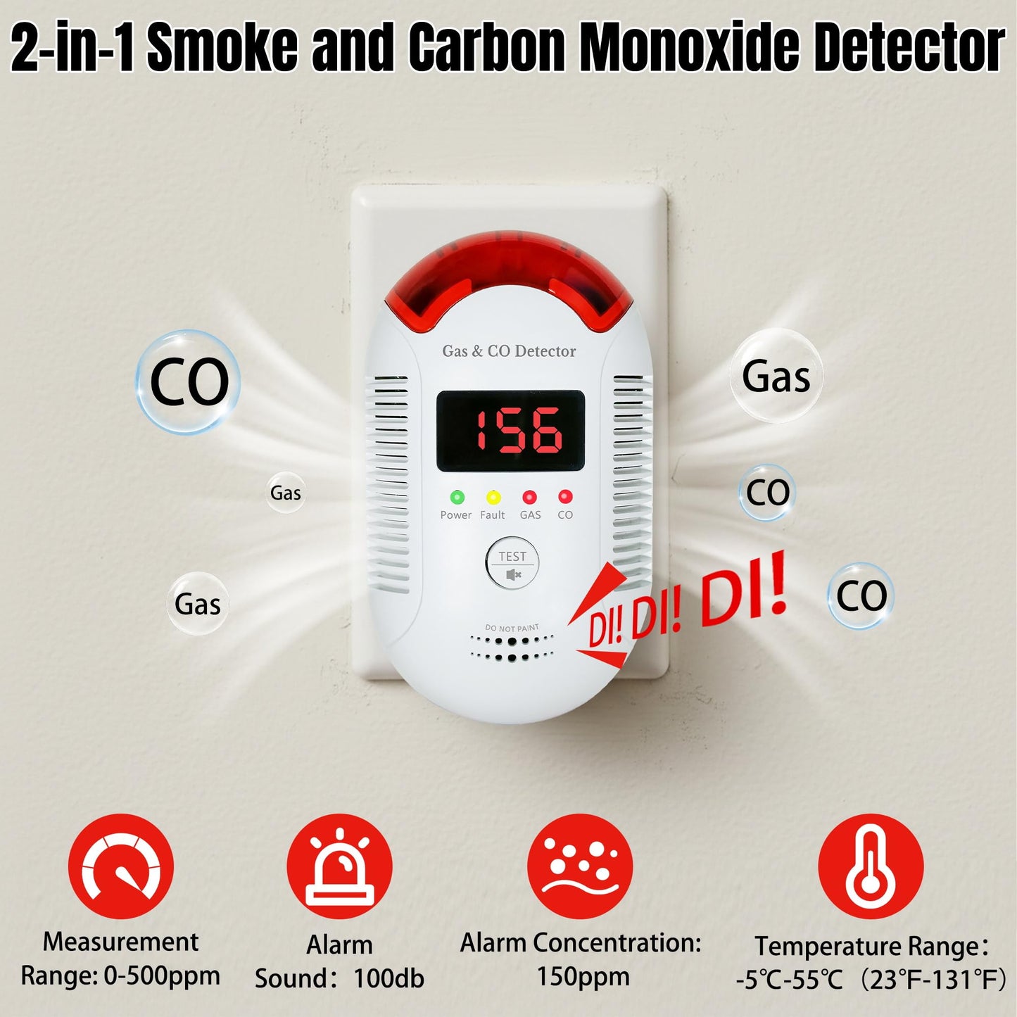 GQIRIL Gas and Carbon Monoxide Detector - Natural Gas Leak and Smoke CO Detector Portable Plug in, 2-in-1 Carbon-Monoxide Combination Alarm with Light - Natural for Home Kitchen Car RV Travel Garage
