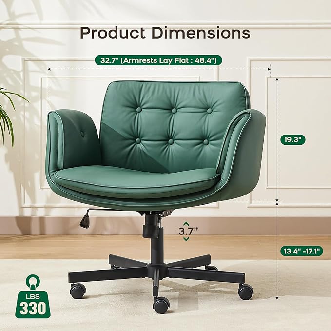 Criss Cross Chair with Armrests & Wheels, Adjustable Swivel Comfortable Lounge Vanity Chairs, Home Office Desk Chair, Medieval Style, (Christmas Green)
