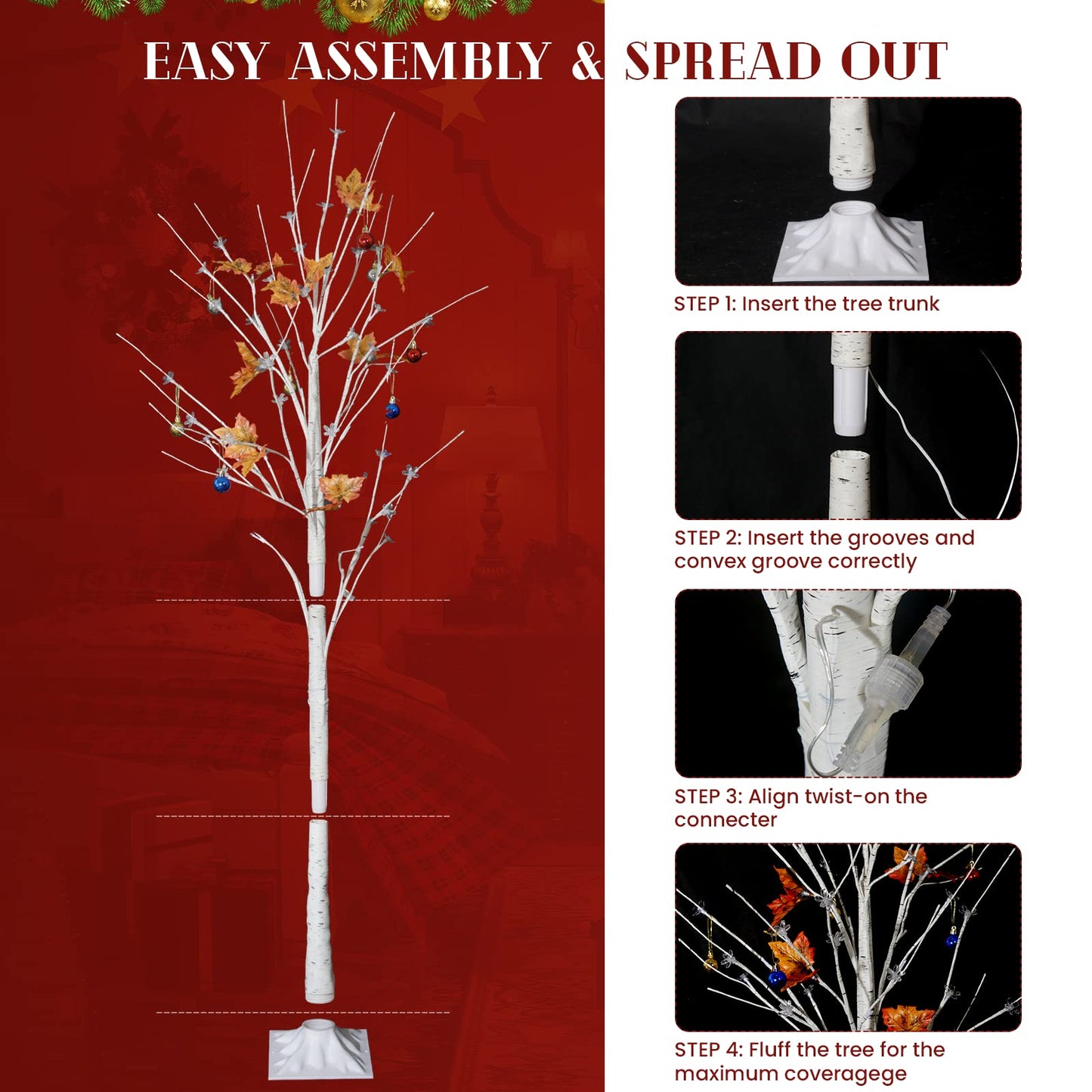 Set of 3 Birch Tree with LED Lights, 4FT 5FT 6FT Prelit Christmas Tree, Lighted White Artificial Tree for Indoor Outdoor, Thanksgiving Christmas Seasonal Holiday Decoration