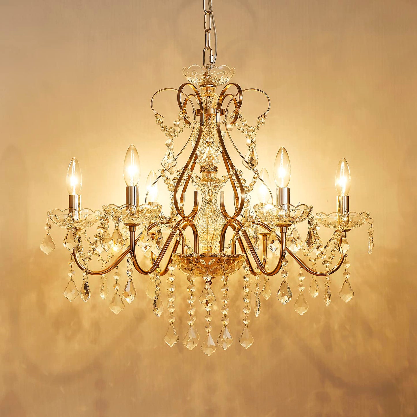 Saint Mossi 6 Light Crystal Chandelier Light Fixture Modern Chandelier Crystal Lighting, French Gold Crystal Raindrop Chandelier for Dining Room,Bedroom,Living Room, H23 x D24