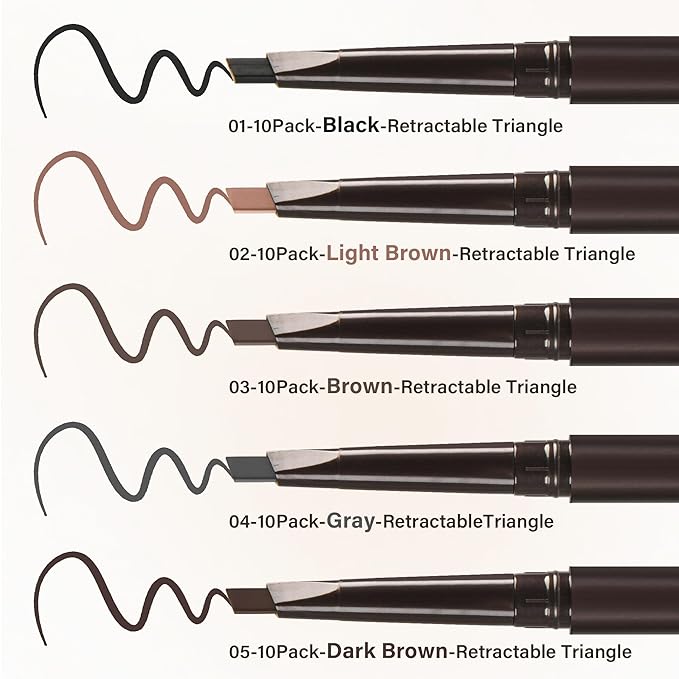 Ultimate Eye Brow Pencils Set for Women, 10Pcs Retractable Double-ended Eyebrow Pen with Brow Brush, Shaping & Filling, Contours, Definers, Fine Tip (01-10Pcs-Black-Retractable Triangle)