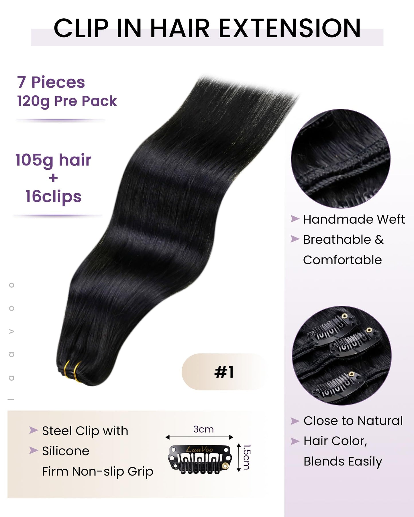 LaaVoo Clip in Hair Extensions Black Women Human Hair Clip in Extensions Jet Black 26Inch Natural 7Pcs 160g