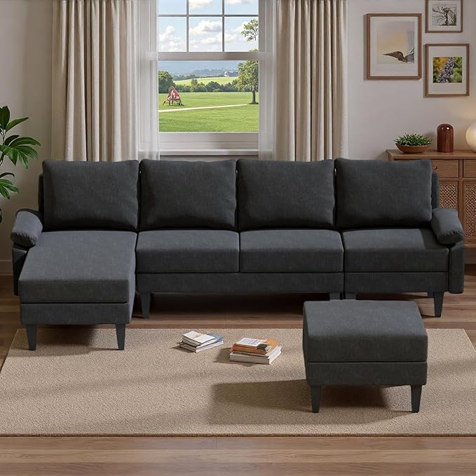 Topcomfy U-Shaped Sectional Couches for Living Room, Convertible 4 Seat Modular Sectional Sofa Set with Ottoman, Modern L Shaped Couch with Chaise for Bedroom Apartment and Office, Chenille Black