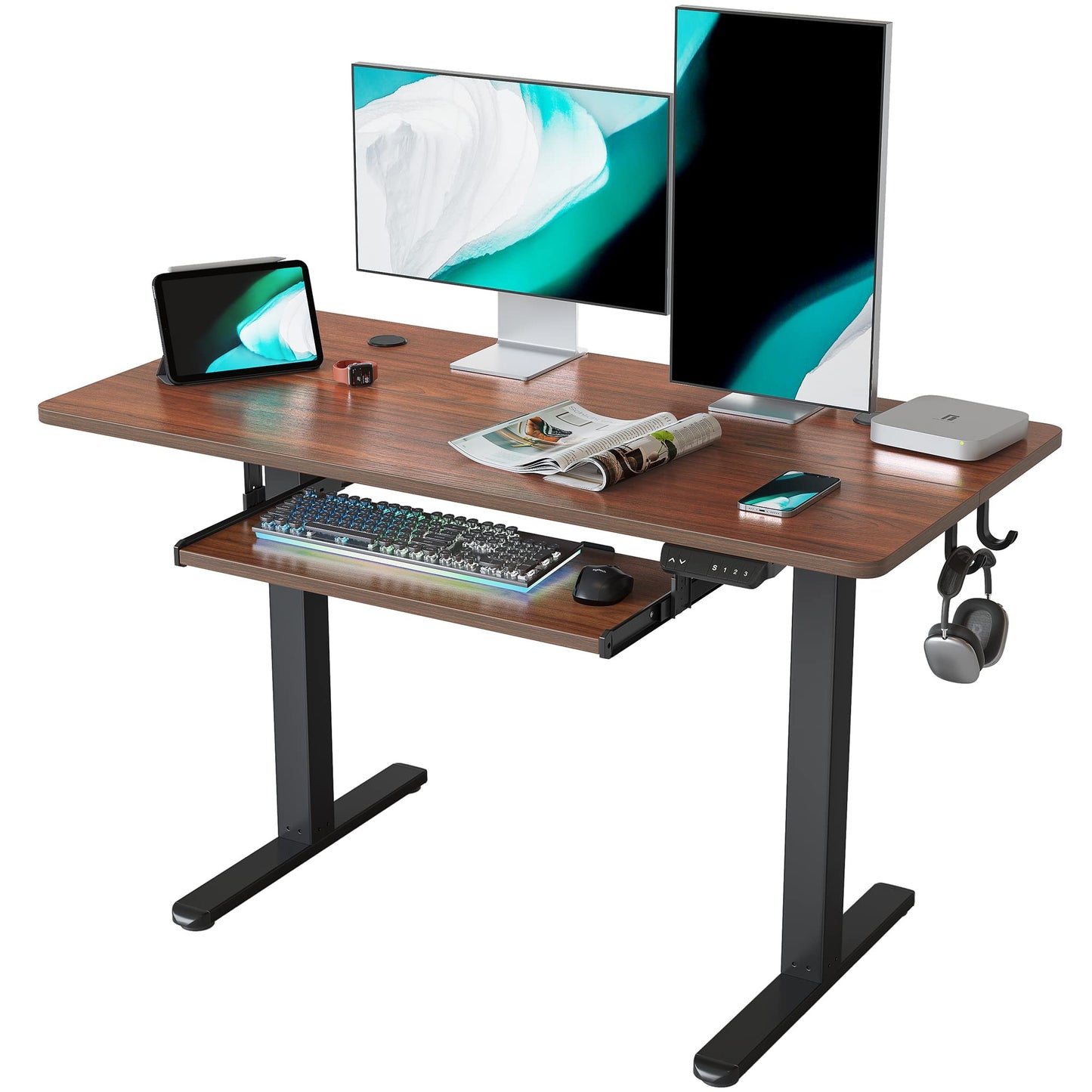 FEZIBO Height Adjustable Electric Standing Desk with Keyboard Tray, 48 x 24 Inches Stand up Table, Sit Stand Home Office Desk with Splice Board, Black Frame/Espresso Top