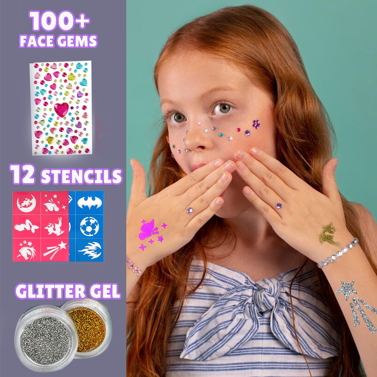 Bowitzki Face Paint Kit with 13 Colors, 12 Stencils, 2 Glitters, 2 Sponges, 2 Brushes, 1 Sheet Gems, Water Based Face Painting Kit for Kids, Safe Professional Halloween Party Makeup Set