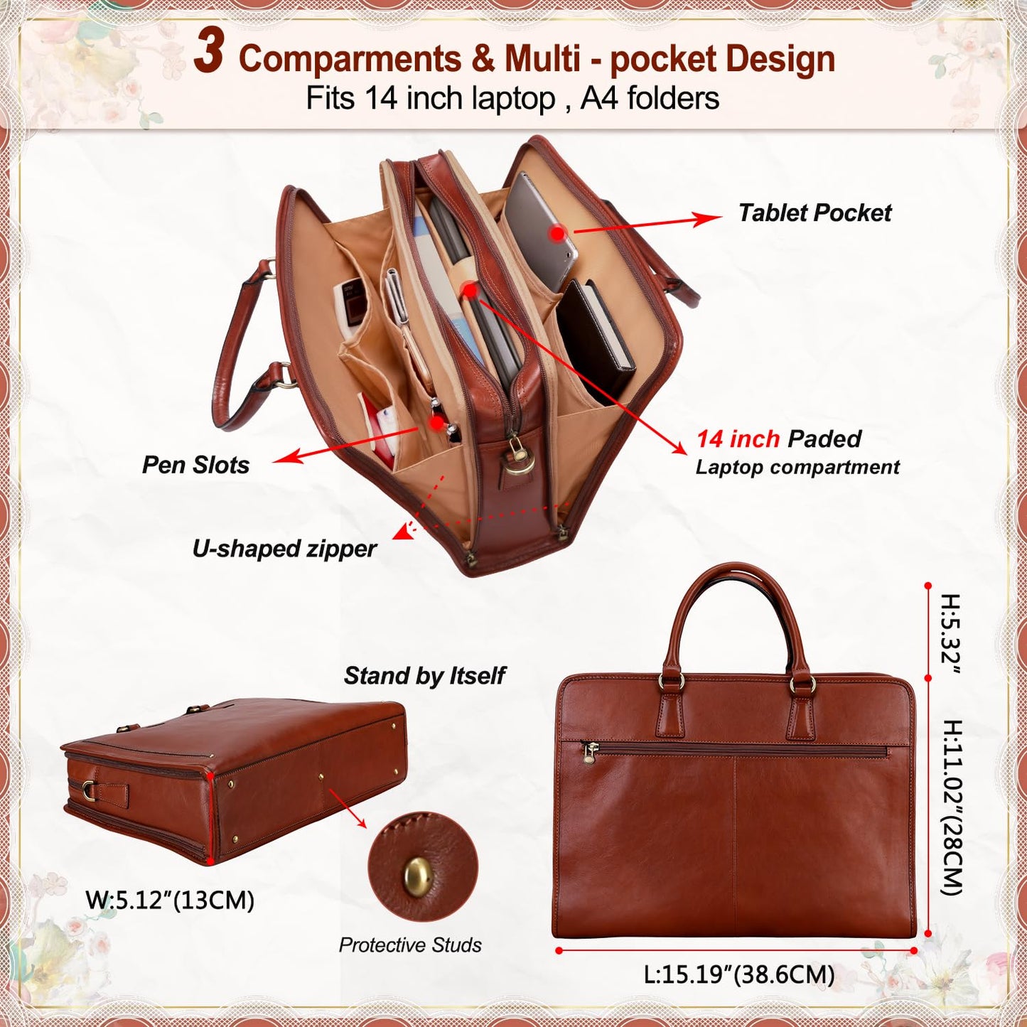 Banuce Premium Italian Full Grain Leather Briefcase for Women 15.6 Inch Laptop Bag Office Work Business Travel with Luggage Strap and Detachable Shoulder Strap Brown