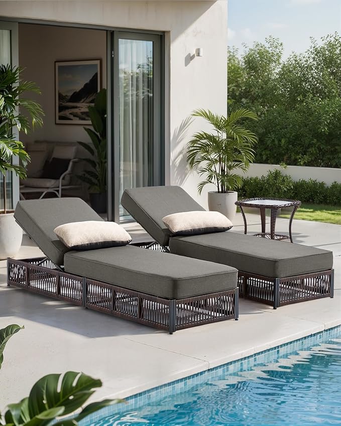 ACTREST Luxury Outdoor Chaise Lounge Chairs of 2 with 5 Inch Thick Cushions and Side Table - 3 PCS High Back Brown Wicker Rattan Patio Recliners Lounger Furniture Set for Poolside Sunbathing - Grey