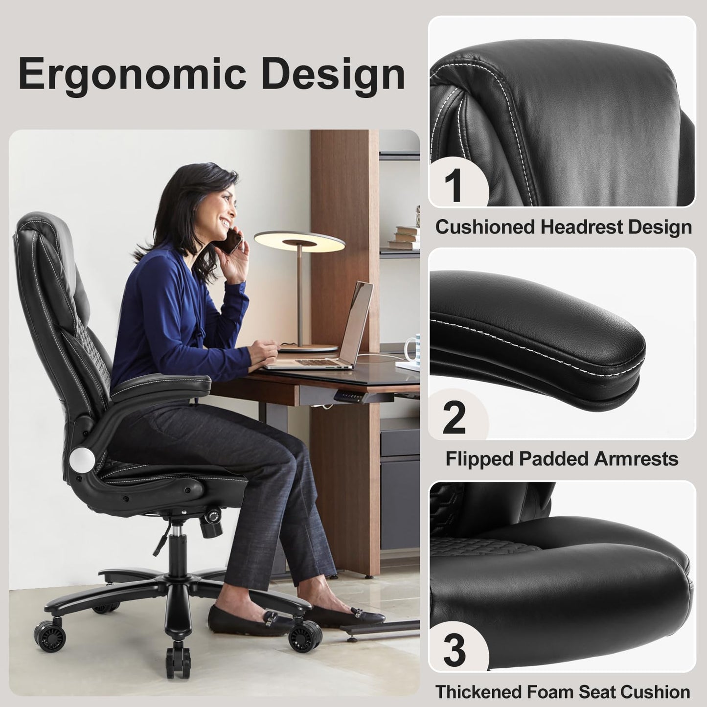 Big and Tall Ergonomic Office Chair, Executive Office Chair with Flip-up Arms, PU Leather Computer Desk Chair, Adjustable Lumbar Support Heavy Duty Space Saving Task Chair