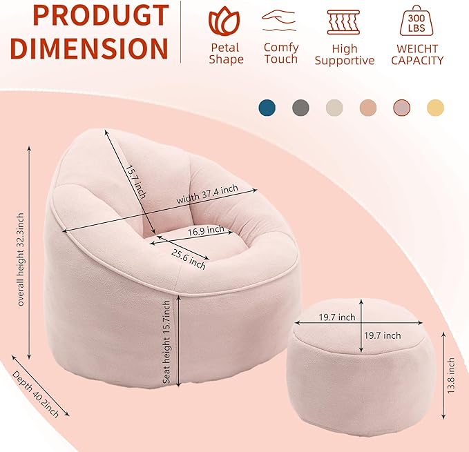 Bean Bag Chairs, Gaint Bean Bag Couch with Memory Foam for Adults and Kids, Microfiber Upholstered Sofa with Ottoman, Comfy Lazy Bean Bag Reading Chair for Living Room