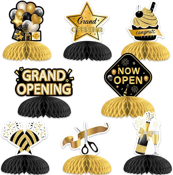 Kreatwow 8Pcs Grand Opening Honeycomb Centerpieces Black Gold Grand Opening Decorations Now Open Decor Congrats New Store ...