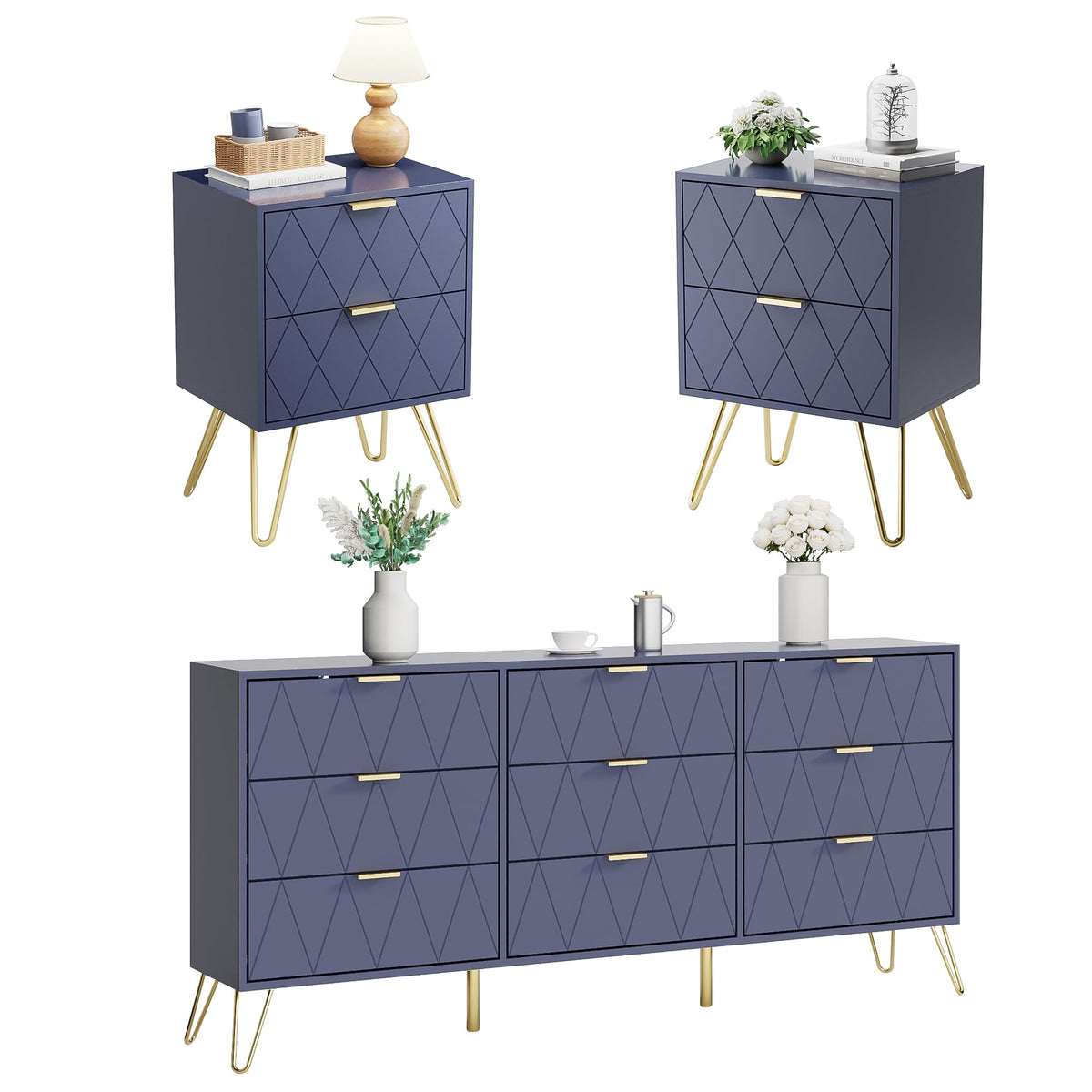 Anbuy Bedroom Sets 3Pcs Navy Blue Modern Nightstand Sets and 9 Drawer Dresser for Bedroom, Two Drawers Nightstand Set of 2 & 9 Drawer Dresser Combo 3 Pieces (Navy Blue)
