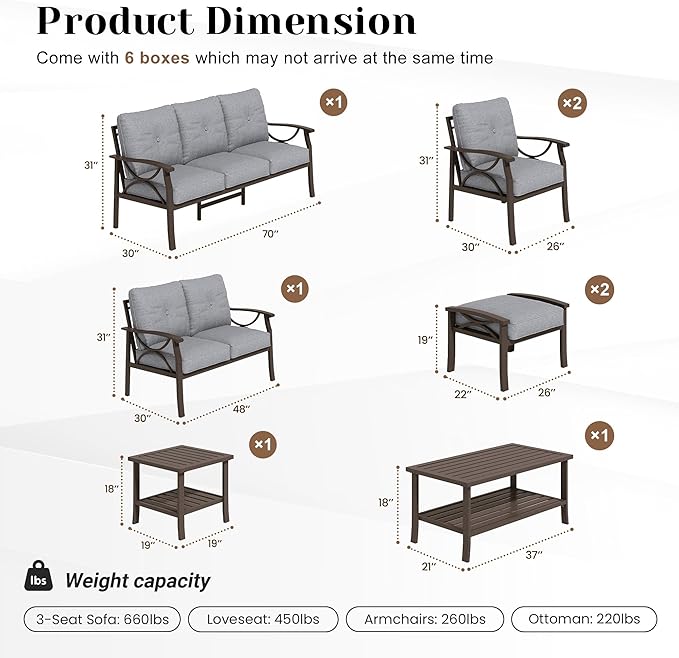 FansaFurn 8-Pieces Outdoor Patio Furniture Set, Outdoor Metal Sectional Furniture with Cushions, Outdoor Conversation Seating Set with Coffee Table for Garden, Balcony, Deck, Backyard, Grey