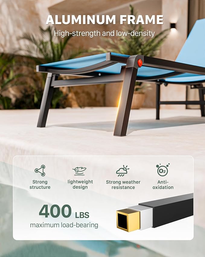 Aluminum Chaise Foldable Patio Lounge Chair Outdoor, Metal Deck Lounger Adjustable 5-Position Recliner Pool Chase Breathable Full Flat Outside Sun Tanning Chairs for Beach/Poolside/Lawn(Blue, 2 Pack)