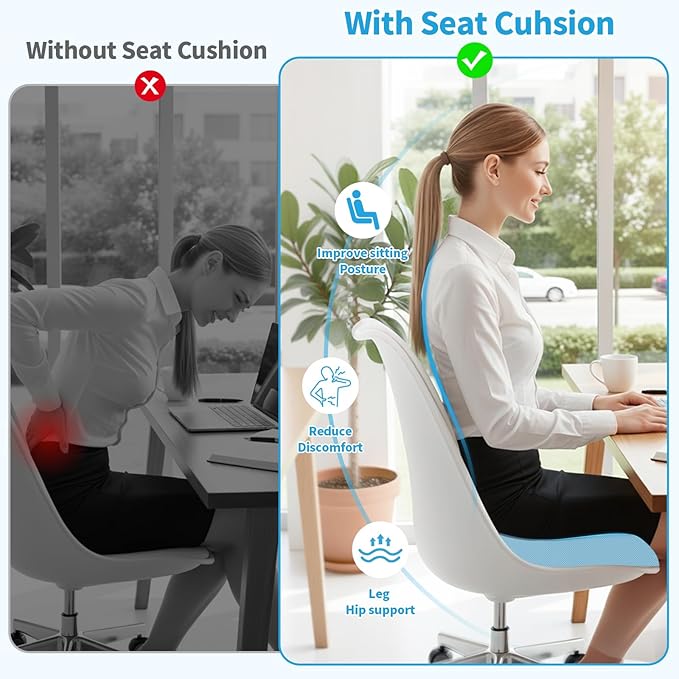 TranquilRelax Large Seat Cushion, Memory Foam Cushion for Long Sitting Hours on Office Chair, Home & Car, Non-Slip Chair Pad for Relieving Back & Sciatica & Hip & Coccyx Pain (Light Blue)