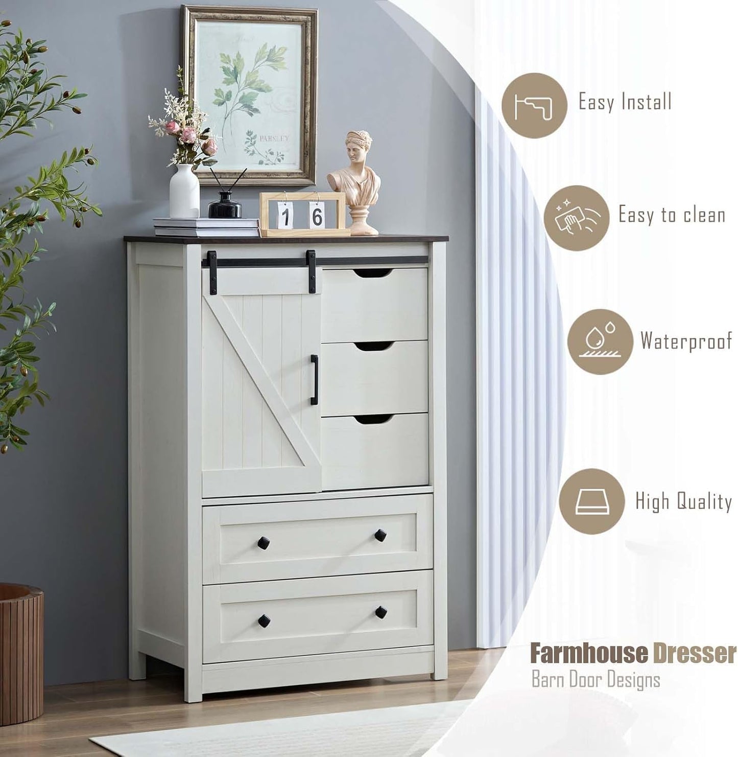 BLANKSPACE Antique White Dresser for Bedroom with 5 Drawers, 5 Chest of Drawers with Sliding Barn Door, Farmhouse Dresser for Living Room, Dining Room, Hallway