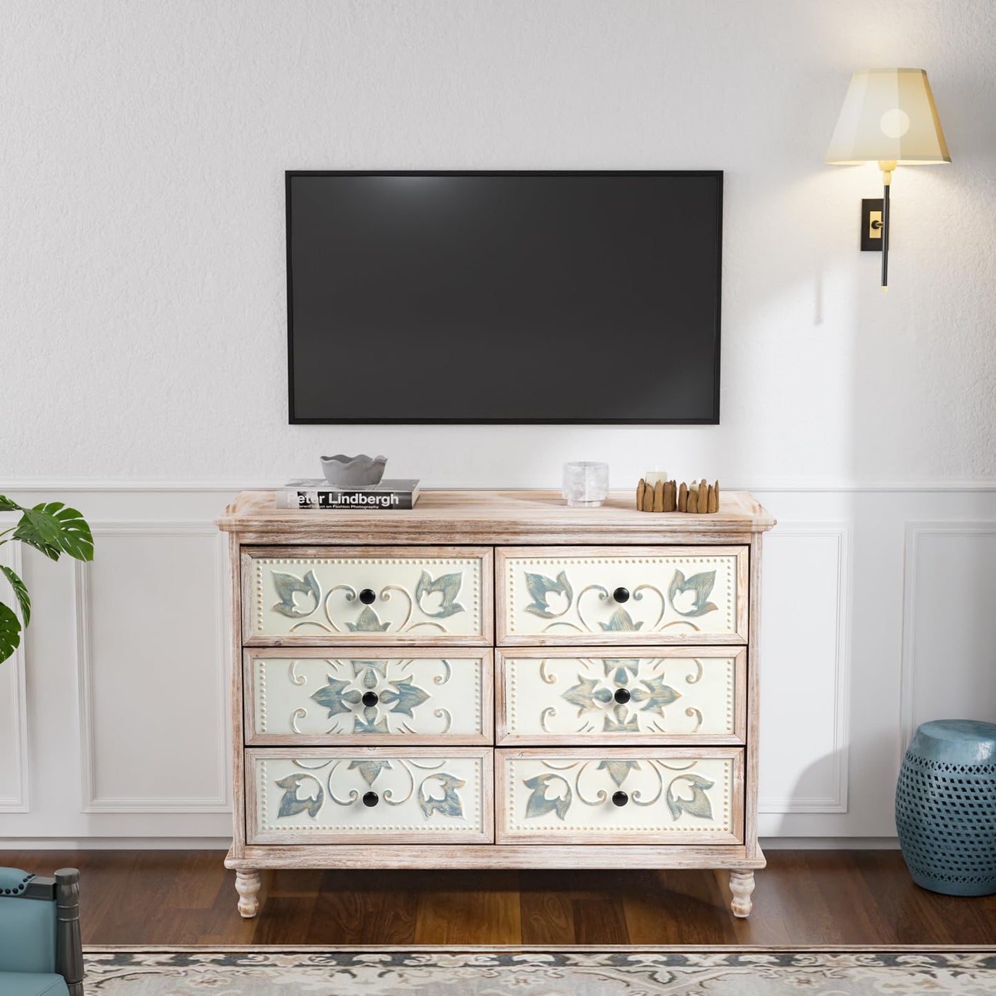 VINGLI Wash White Dresser for Bedroom, 6 Drawer Dresser Chest of Drawers, Boho Dresser Wooden, French Country Dresser with Carved Flower Pattern Drawers & Solid Wood Legs