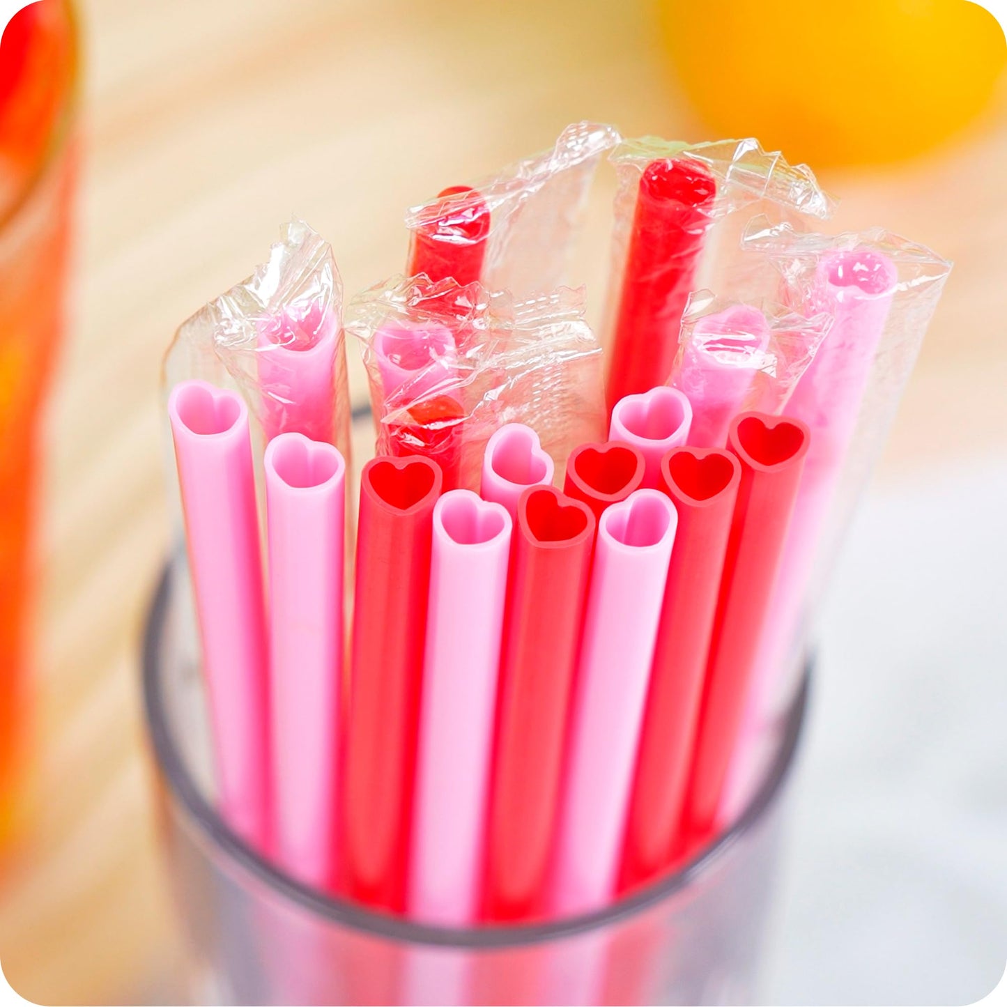 Prurex 50pcs Heart Shaped Pink Straws 8mm Individually Wrapped Disposable Drinking Straws for Galentine's Brunches,Cocktail, Birthday Parties, Pastel Weddings & Bridal Shower Decorations