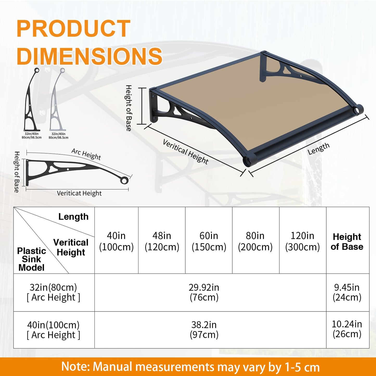 GUANSU-CN Door Awning Window Canopy,40x60 Inches Awnings for Doors with Sink,Polycarbonate House Outdoor Patio Awning Canopy UV Rain Snow Sunlight, Porch Awning with Sturdy Aluminum Bracket