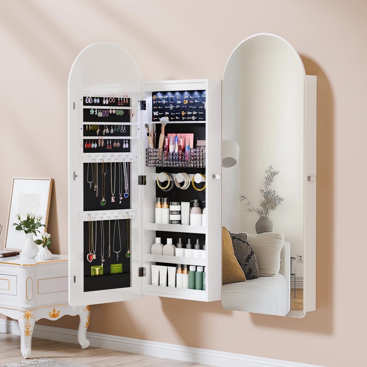 FONTOI LED Mirror Jewelry Cabinet, 42.5” Arched Wall or Door Mounted Jewelry Armoire with Full-Length Mirror & 2 Drawers, Lockable Jewelry Organizer with Ring Slots & Necklace Hooks, White