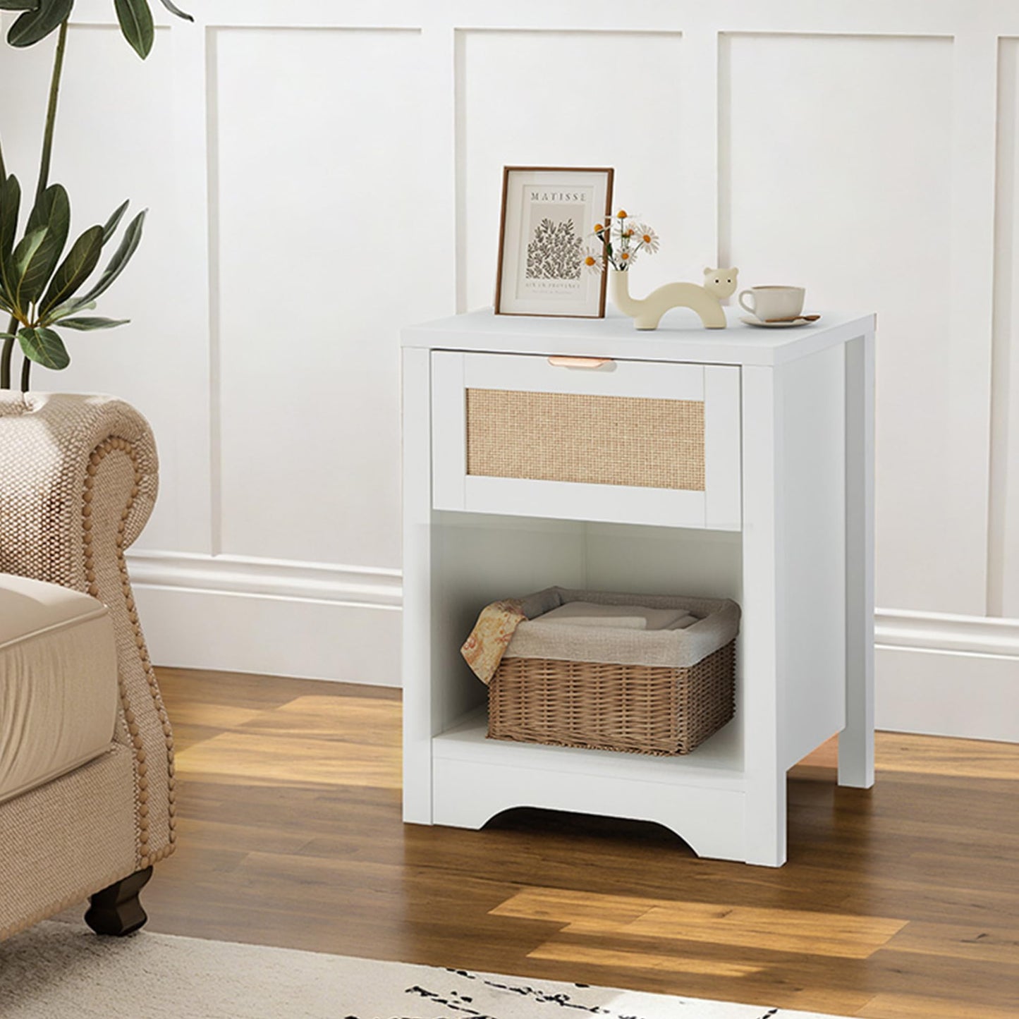 HOMREST Night Stand Set of 2,Modern Farmhouse Nightstands with Drawer & Open Storage Shelf, Wood Rattan Bedside Table with Metal Handle & Sturdy FrameTable for Bedroom, Living Room （White）