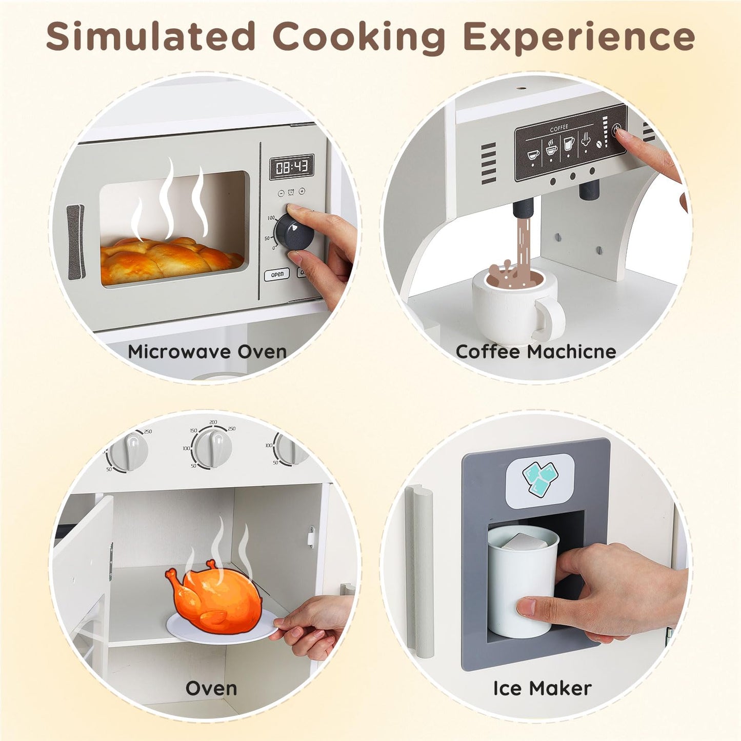 SainSmart Jr. Play Kitchen for Kids, Wooden Kitchen Playset with Lights & Sounds, Ice Maker, Oven & Sink, Trendy Home Style Toy Kitchen, Gift for 3+ Years