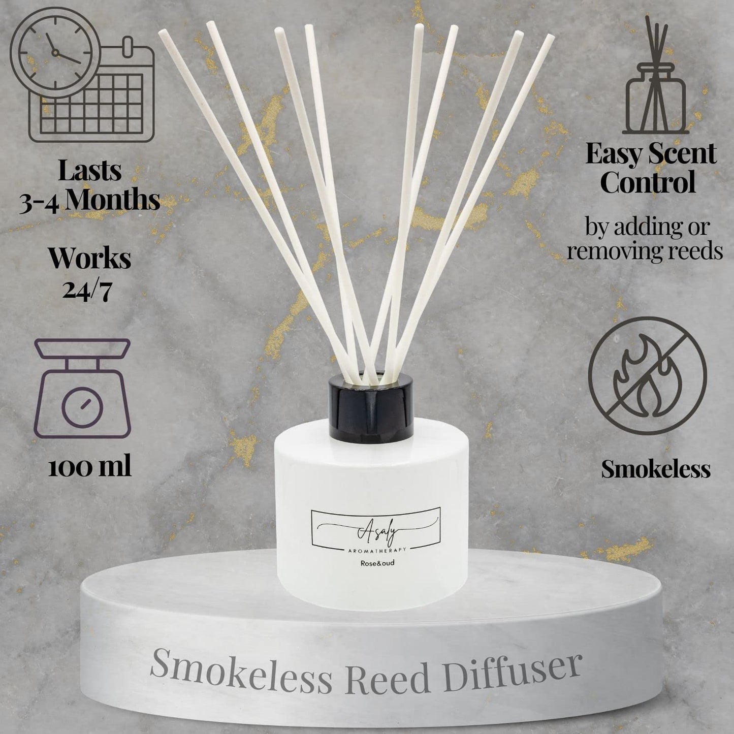 ASALY Luxury Candle Gift Set, 2 Scented Candles and 1 Reed Diffuser. Birthday, Anniversary, Gift Set, Mothers Day Gift. Diffuser Scent of (Rose and Oud), Candle Scents (White Tea and Mon Paris)