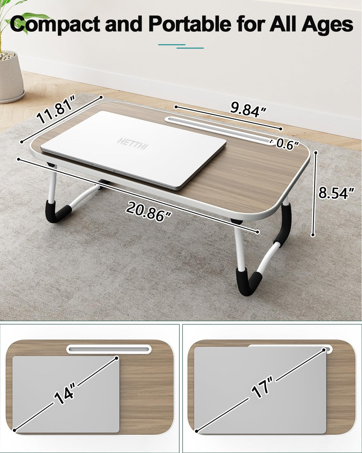 Foldable Lap Desk with Tablet Slot, Portable Laptop Desk for Bed, Lightweight Bed Desk for Working Writing Drawing Eating on Couch Floor, Brown (20.8"×11.8")