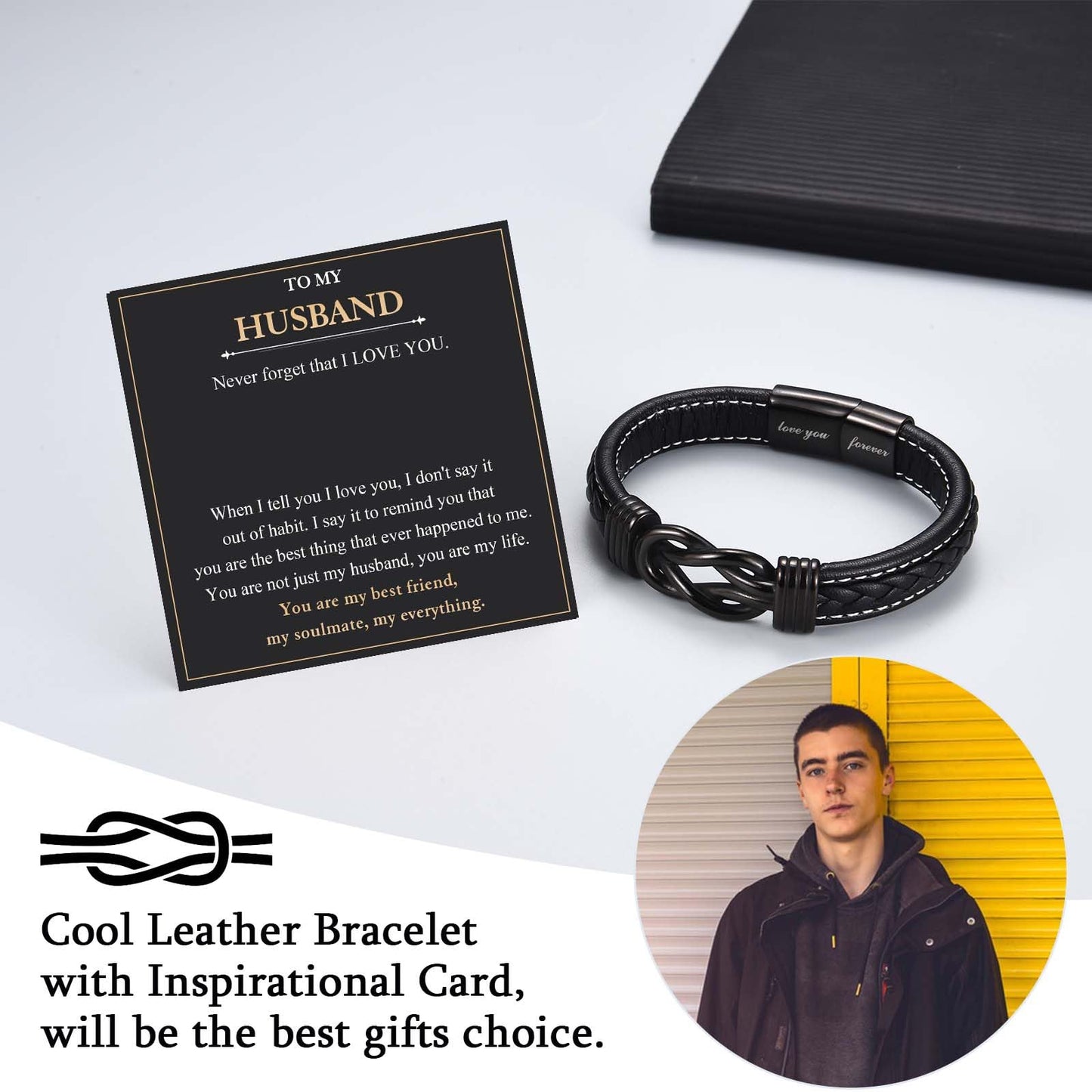 FIEEFX Husband Gifts Leather Bracelet Christmas Birthday Valentines Day Fathers Day Anniversary Thanksgiving Gifts for Him Husband Men