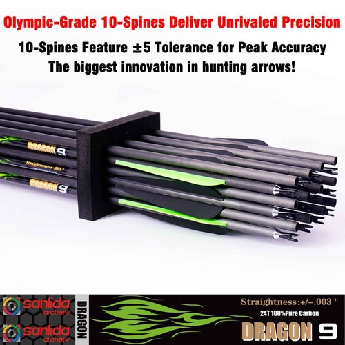 sanlida 24 PCs, 100% Pure Carbon, 0.003'' Straightness, Dragon 9 Flagship 24T Carbon Hunting Arrows for Compound Bow, Professional Standard Hunting Arrows with Removable Tips (300 Spine)