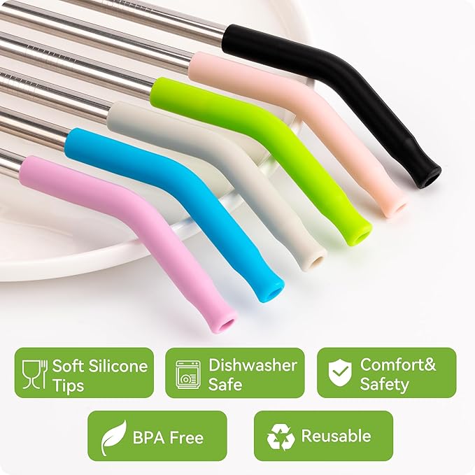 Metal Straws for Stanley Cups 14 oz & 20 oz, 8.6″Short Straw Replacement Stainless Steel Straw with Silicone Tip Reusable for Stanley Quencher H1.0 H2.0 Tumblers 100% BPA Free & Dishwasher Safe (Pink)