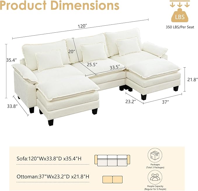 URRED Cloud Couch Modular Sectional Sofa, 122" Modern U Shaped Deep Seat Sofa with 2 Ottomans & Pillows, Ultra Comfy Chenille Couches for Living Room, Bedroom or Apartment, White | Chenille Fabric, Skin Friendly, Breathable, Ergonomic Design, Flexible ...