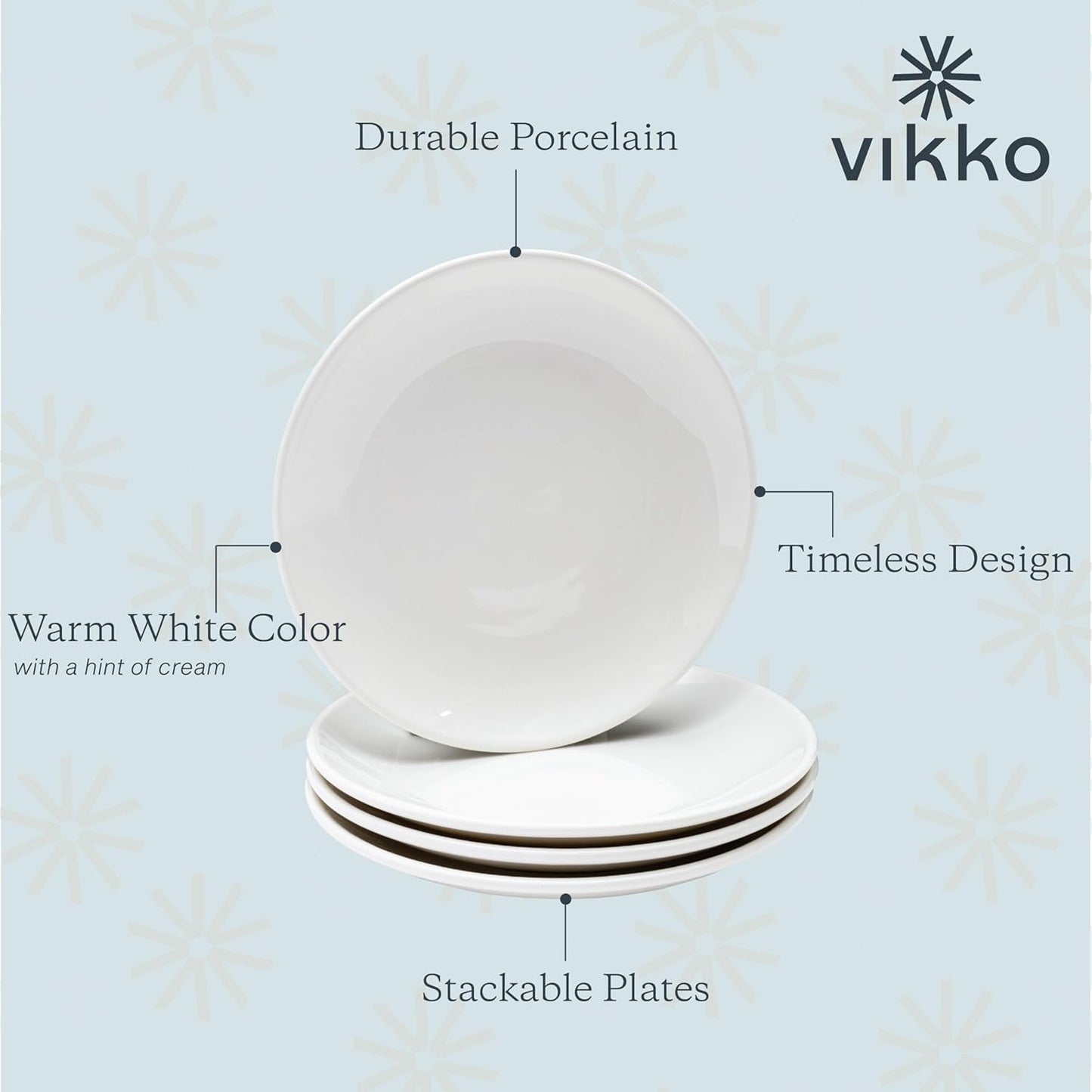 Vikko Dessert Plate, Set of 6 White Plates, Fine Porcelain, Stackable 7 Inch Dessert Plates, Dishwasher Safe, 7/'' Dessert Plate