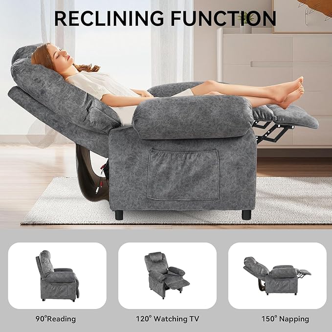 Pushback Massage Recliner Chair with Heat, Fabric Heated Small Massaging Reclining Chair Single Sofa for Adults, Overstuffed Push Back Manual Recliner for Living Room,Grey