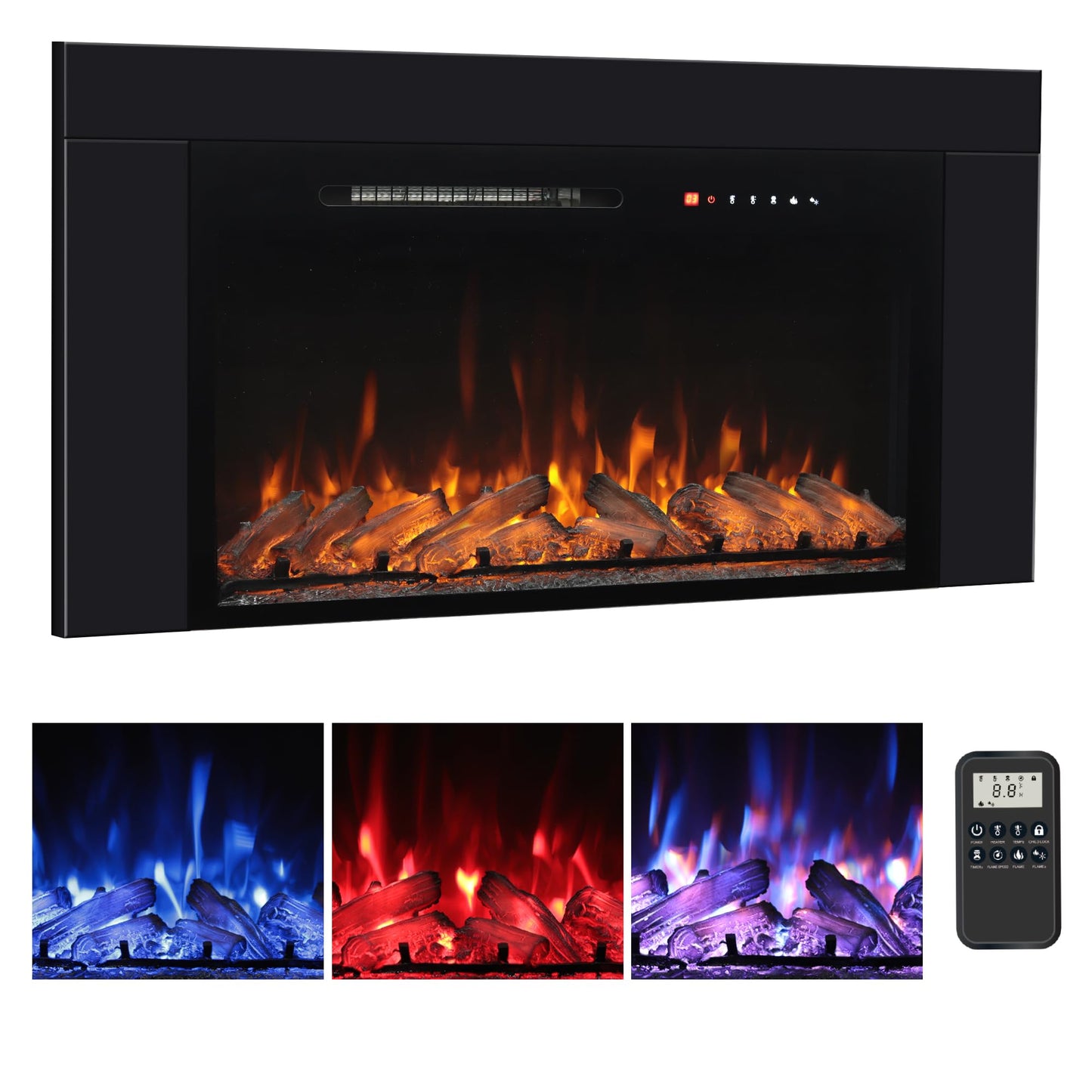 Oxhark Flame 36 Inches Electric Fireplace Insert with Trim Kit, Wall Mounted & Recessed Electric Fireplace Inserts with 8 Flame Colors, Remote Control, 6 Levels Brightness, 9H Timer, Black, 1500W/750W