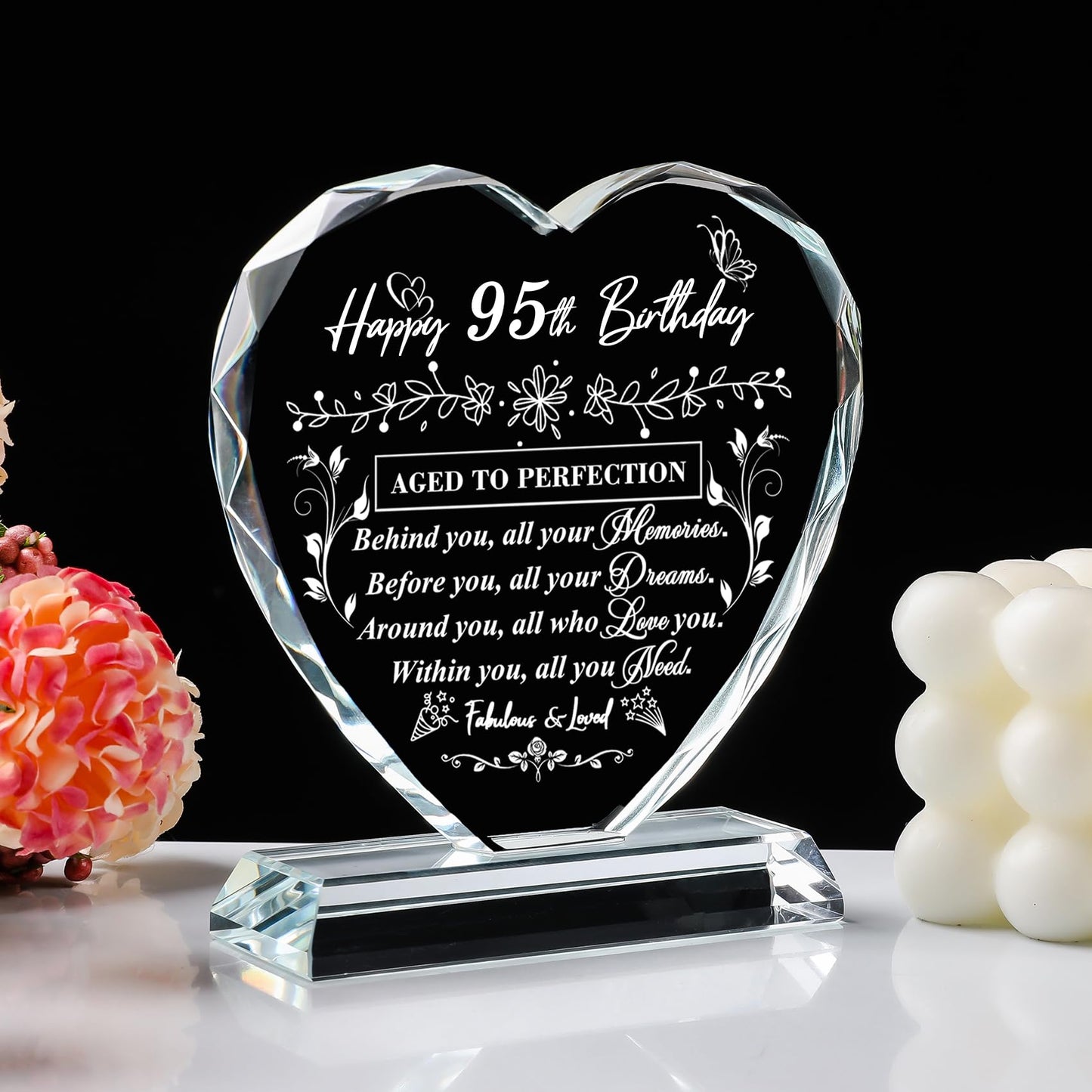 QIANRUNA 95th Birthday Gifts for Women Men, Laser Glass Heart 95th Birthday Decorations Ideas, Happy Birthday Gifts for 95 Year Old Parents Grandparents Husband Wife Mom Dad Friend